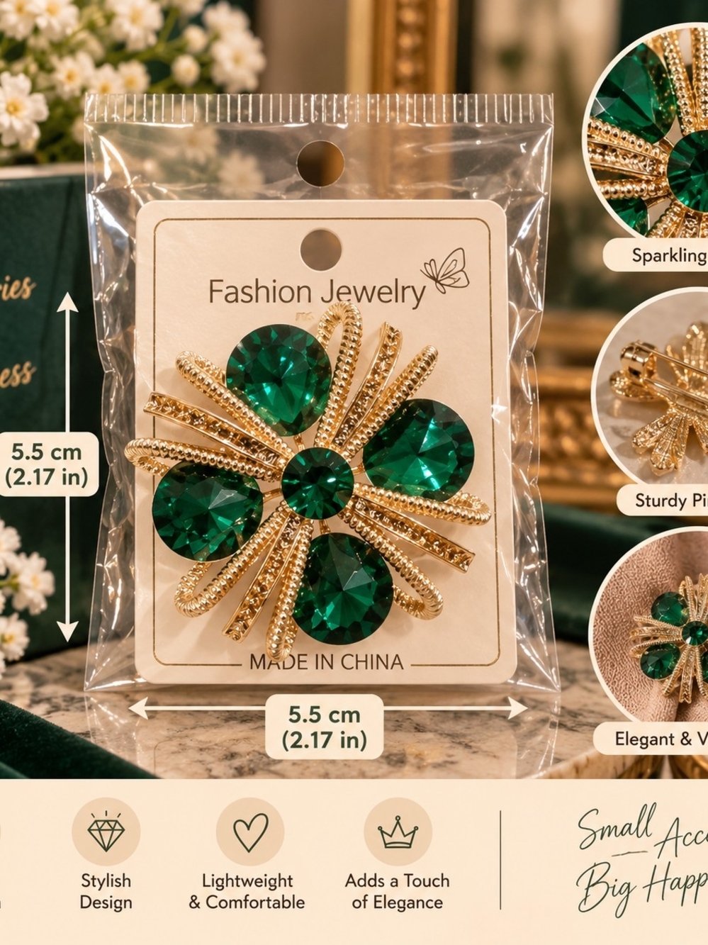 Fashion Jewelry Gold-Tone Brooch with Emerald Green Crystals